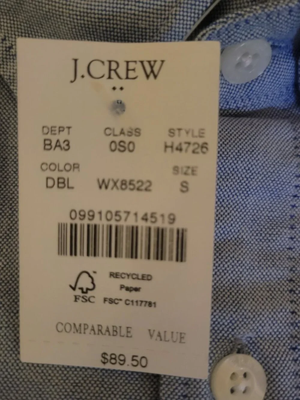 J. Crew Men's Long Sleeve Button Down Shirt Slim Flex Oxford Size Small Blue NWT